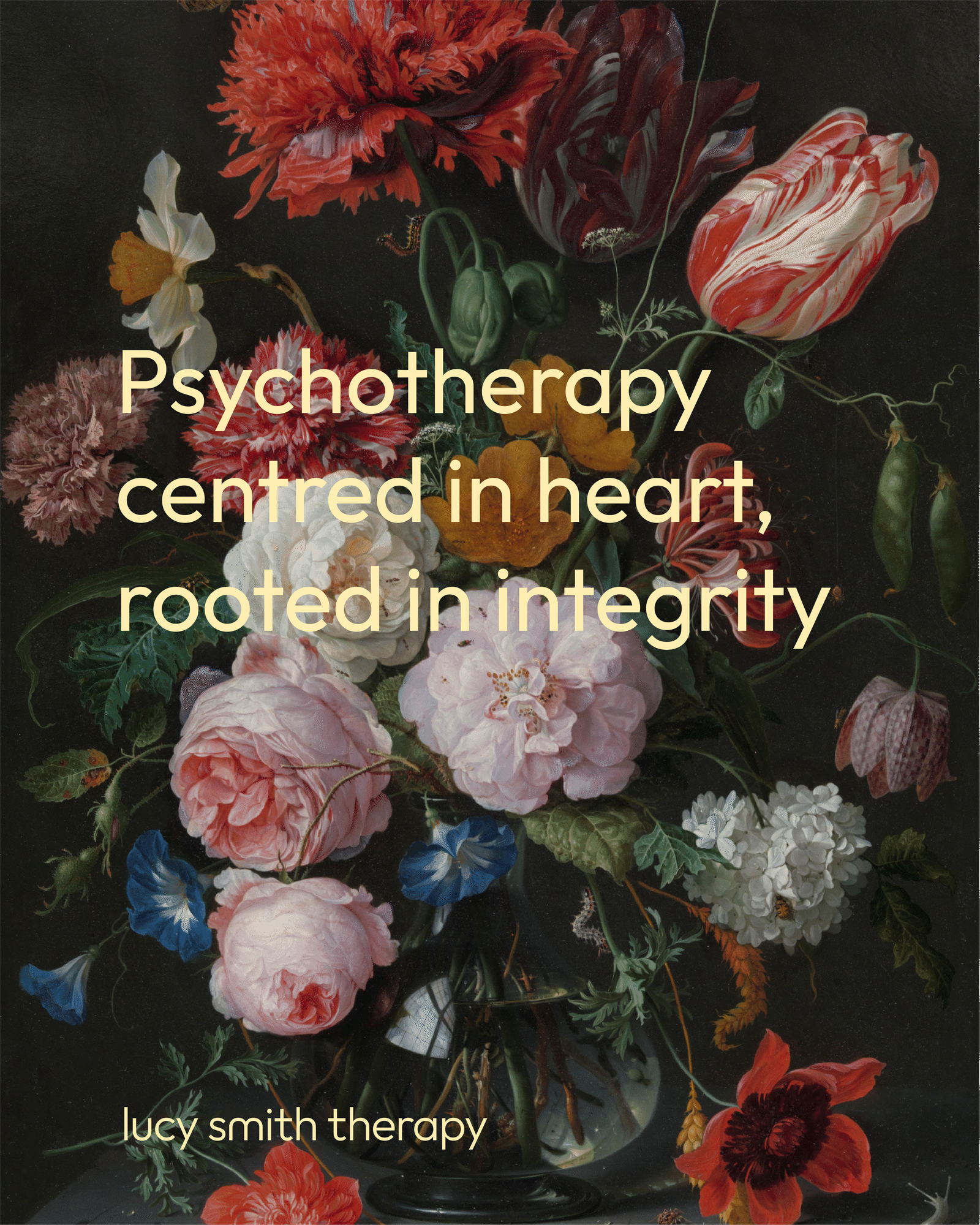 Lucy Smith Therapy. Social post with brand tagline: Psychotherapy centred in heart, rooted in integrity.